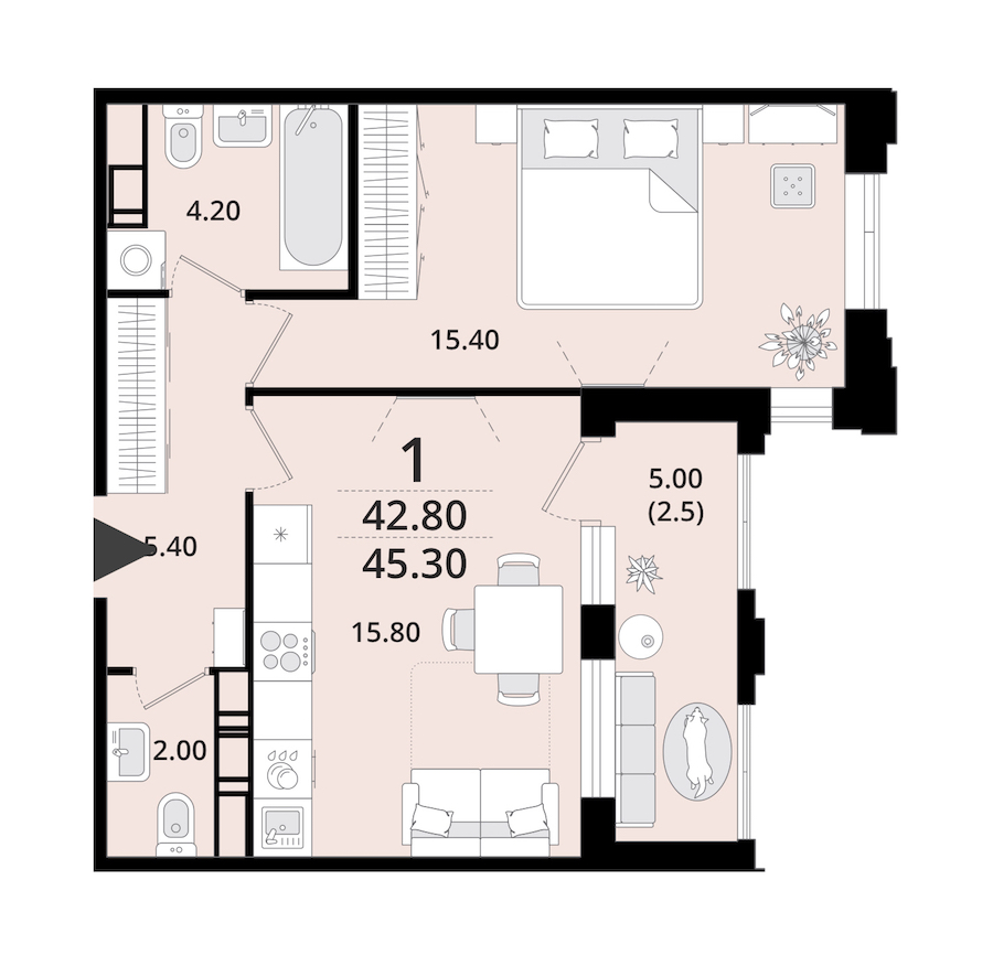 1-комнатная квартира 45.3 м², 12/13 эт., ЖК «Тайм Сквер»